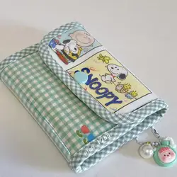 New Kawaii Anime Snoopy Coin Purse Green Plaid Pattern Document Storage Short Lightweight Wallet Cartoon Ins Gift For Girls