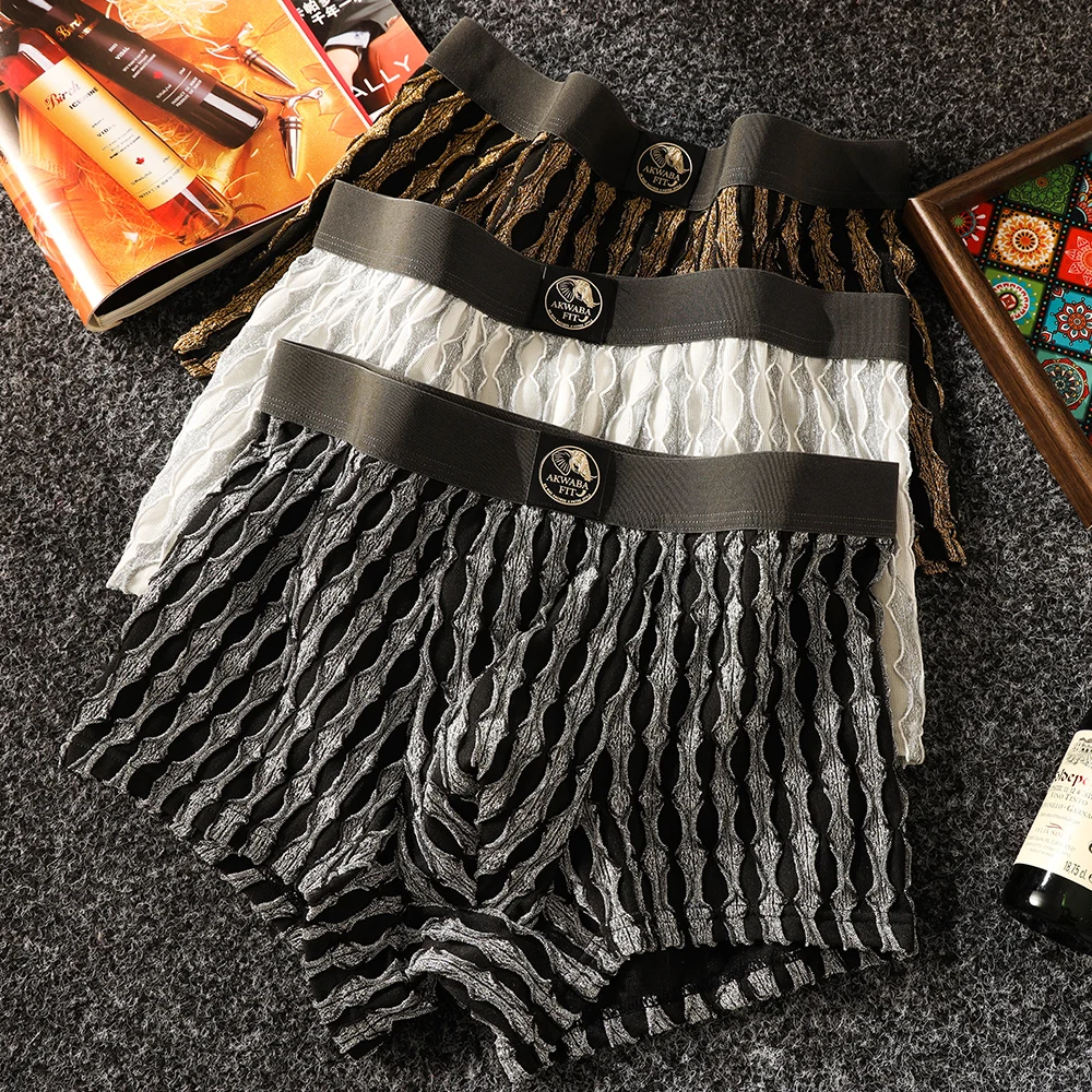 

3PCS/Pack Luxury Golden Silk-like Striped Men's Panties Breathable Antibacterial Crotch Boxers Soft High Elastic Waist Underwear