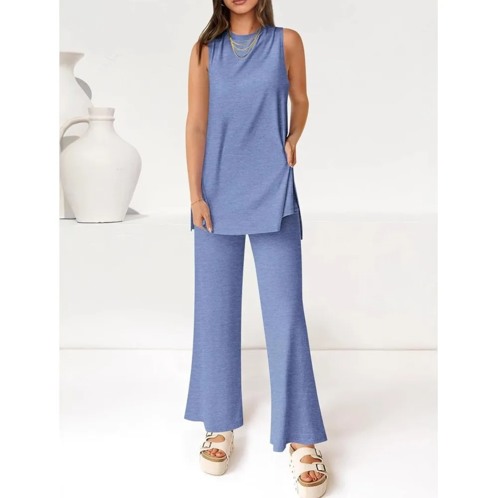 

Women's Casual Fashion Sports Set New Summer Loose Solid color Vest Top + Wide Leg Pants Travel Sports Wear Two-piece Set Outfit