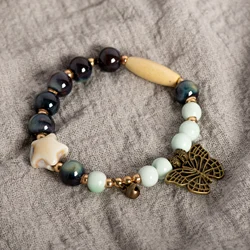 Handmade Vintage Ceramic Bead Bracelet with Elastic Cord Butterfly Pendant 18cm