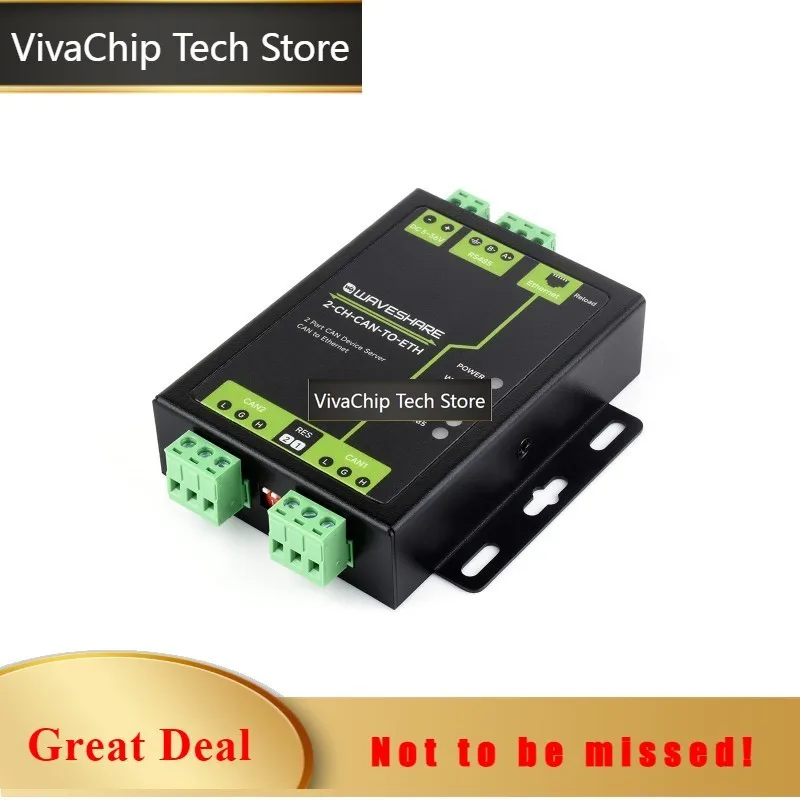 VivaChip TechWaveshare 2-CH-CAN-TO-ETH,Industrial Grade 2-Ch CAN To Ethernet Server, 2-Ch CAN + RS485 + Ethernet Port, Supports