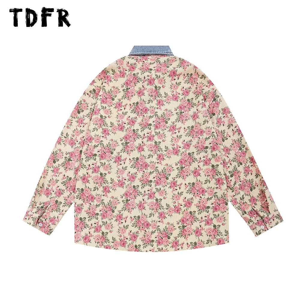 Flower Full Print Long Sleeve Shirts Mens Spliced Lapel Autumn Loose Casual Retro Single Breasted Shirts Men