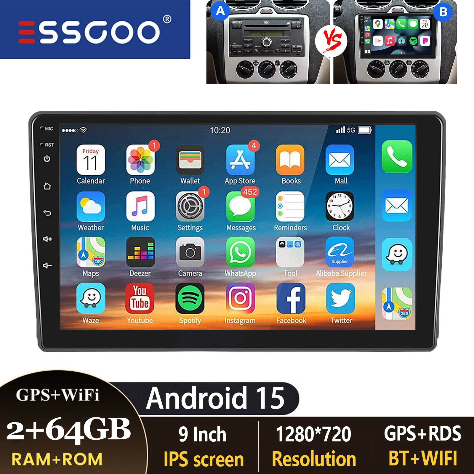 ESSGOO 9 inch autoradio voor Ford Focus MK2 Transit MK7 C-Max S-Max Kuga Galaxy Connect met Carplay, Android Auto, GPS, BT, FM, RDS en SWC - afbeelding 1