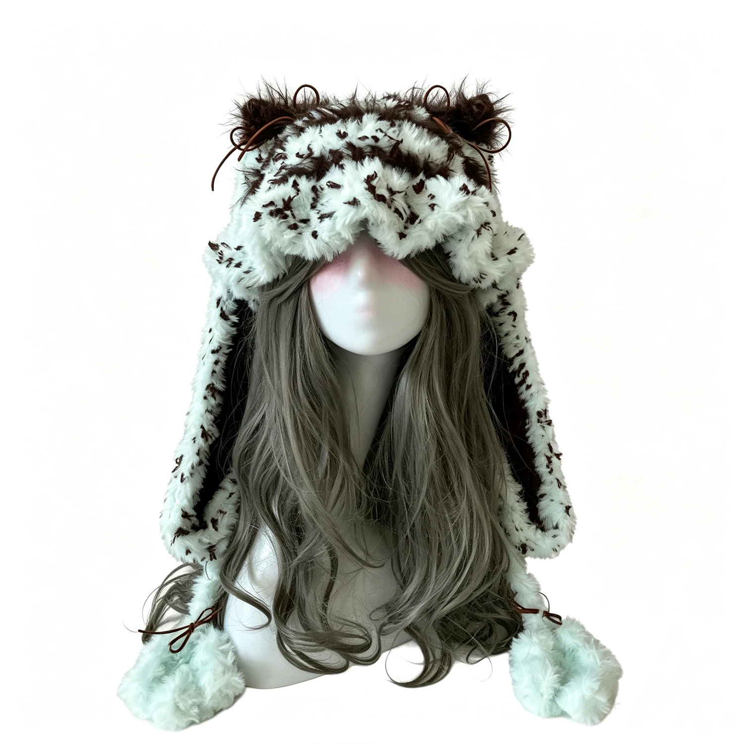 Custom Handmade Crochet Mint Chocolate Bunny Cat Ear Beanie Detachable Plush Animal Ears Kawaii Cosplay Winter Warm Headwear