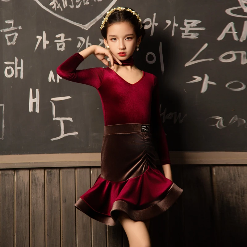 Girls Latin Dance Dress Children Latin Dancing Competition Suit V-Neck Long Sleeve Bodysuit Velvet Skirt Performance Wear 2249