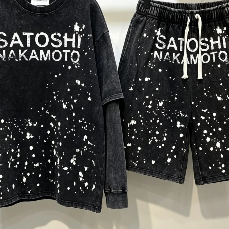 Handmade Ink Splashing Fading Letter Vintage Black SATOSHI Tshirts Hiphop Street Fake Two Piece Long Sleeve Men Women Shorts