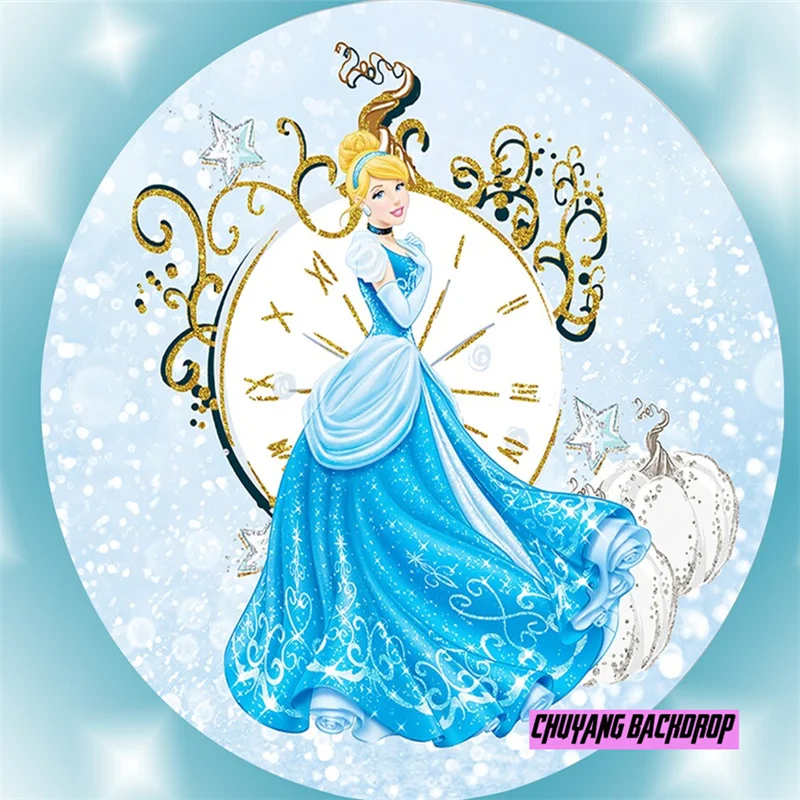 Castle Birthday Round Backdrop Disney Cinderella Blue Dress Princess Cover Backdrop Girl Birthday Party Supply Circle Background