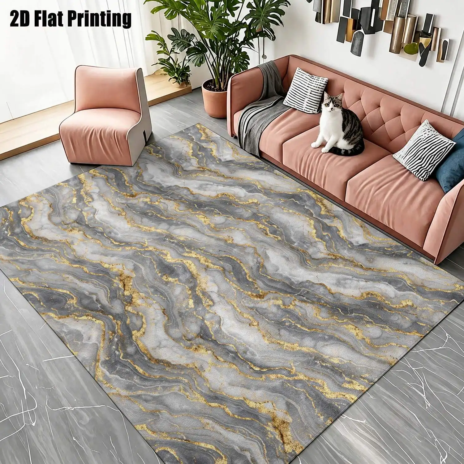 1Pc 2D Printed Carpet: Silver-Grey & Gold Marble Texture, European/Modern Minimalist Geometric Striped Style Machine Washable, Multi-Size, Ideal for Home Decor, Entryway/Dining Room/Foyer/Living Room/Bedroom.
