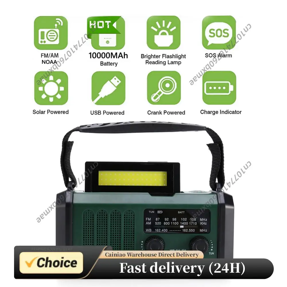 LED Portable Radio AM/FM/WB 10000mAh Hand Crank Radio Flashlight Reading Lamp Solar Emergency Radio Type-C Charging with Compass