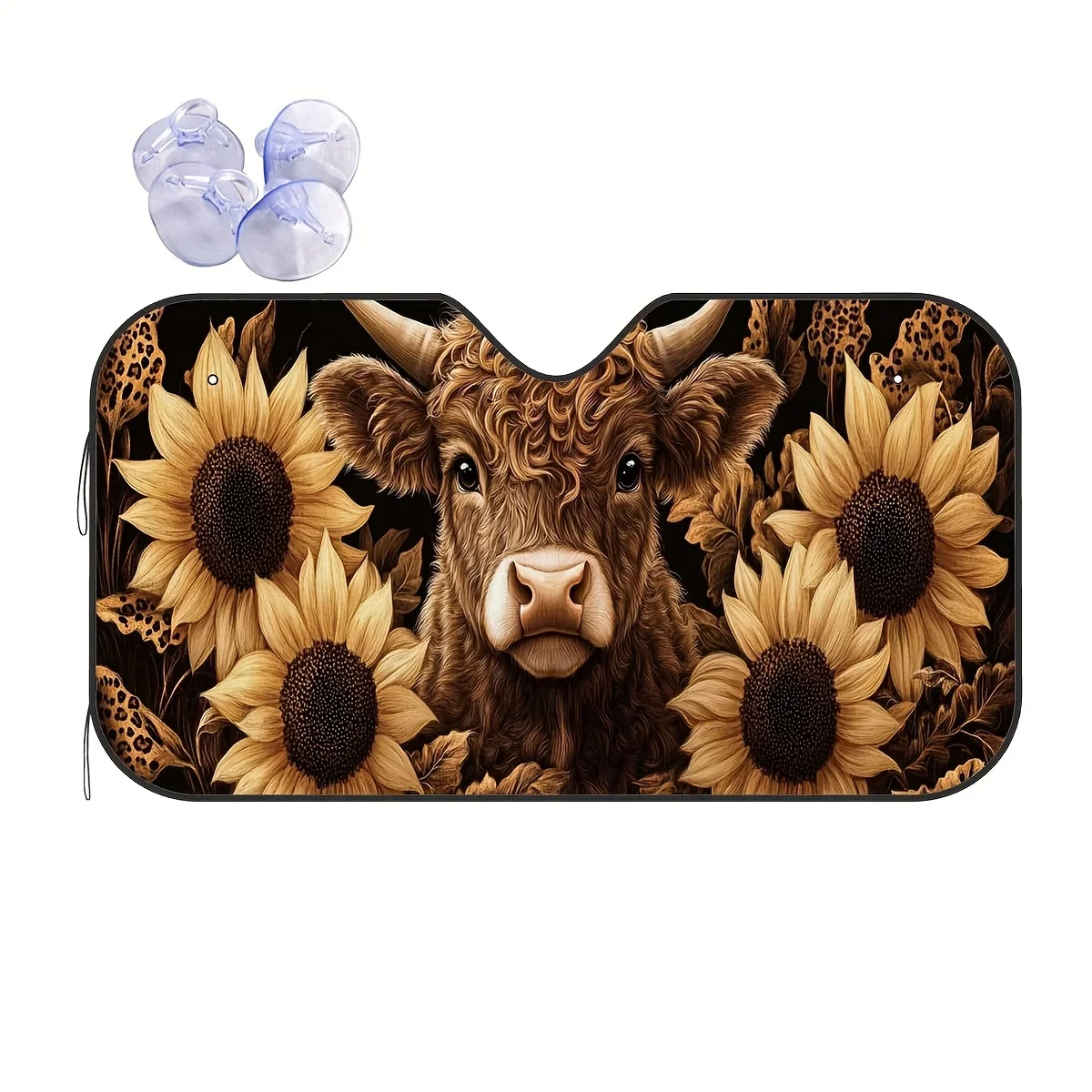 

1 шт. автомобильный солнцезащитный козырек Highland Cow & Sunflower — прочная защита лобового стекла из полиэстера, простая установка, прохладает вашего автомобиля,