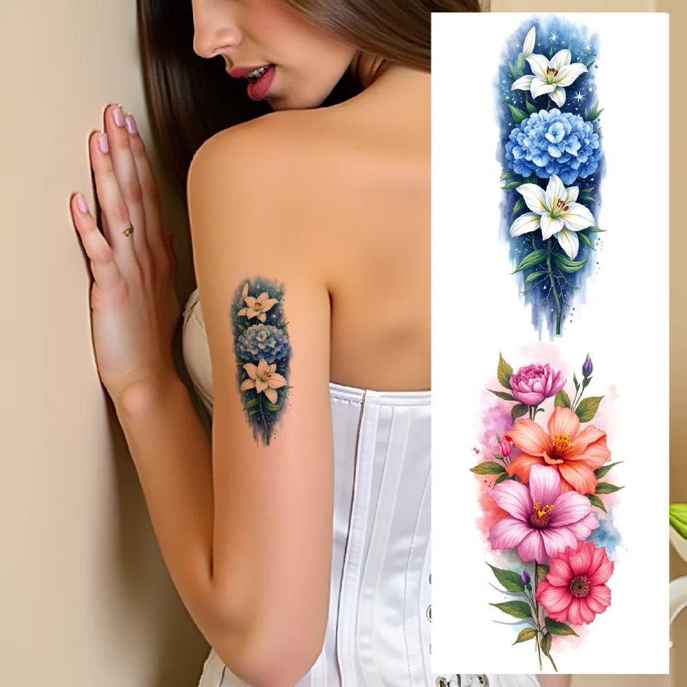 

9pcs Temporary Tattoo Blue Flowers Waterproof Long-lasting Body Stickers Peonies Pink Roses Colorful Realism Rose With For