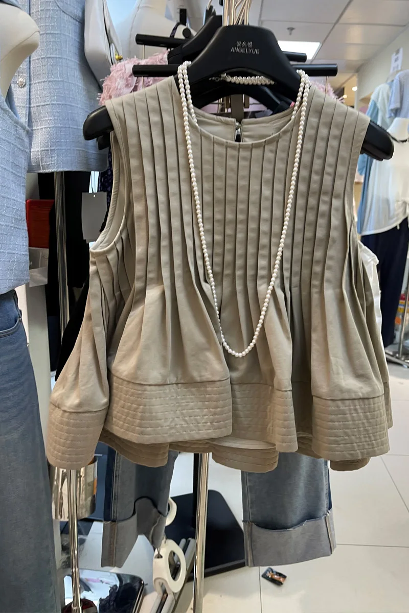 2023 Summer New Design Sense Niche Sweet Solid Color Blouse Pleated Sleeveless Doll Shirt Ladies Loose Tops Blusas Mujer