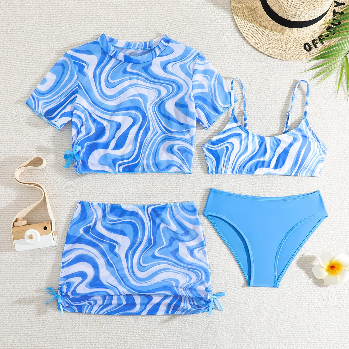 4 Pieces Bikinis Set Top & Skirt 2026 Girls Swimsuit Kids Swimwear Female Children Bathers Bathing Swimming Swim Suit Beachwear