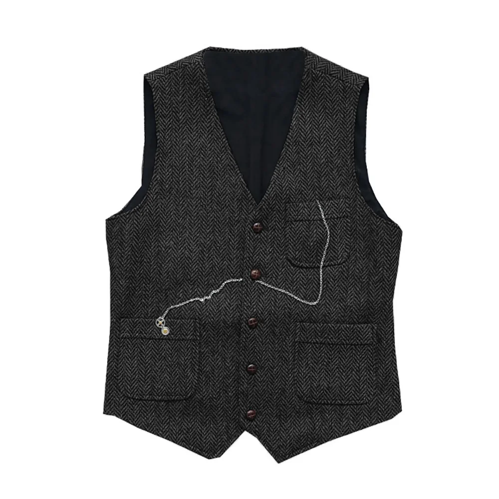 Casual Men's Slim Fit Suit Vest Herringbone V-Neck Flat Business Fashion Waistcoat Prom Dress Vest Groomsmen For Wedding V006