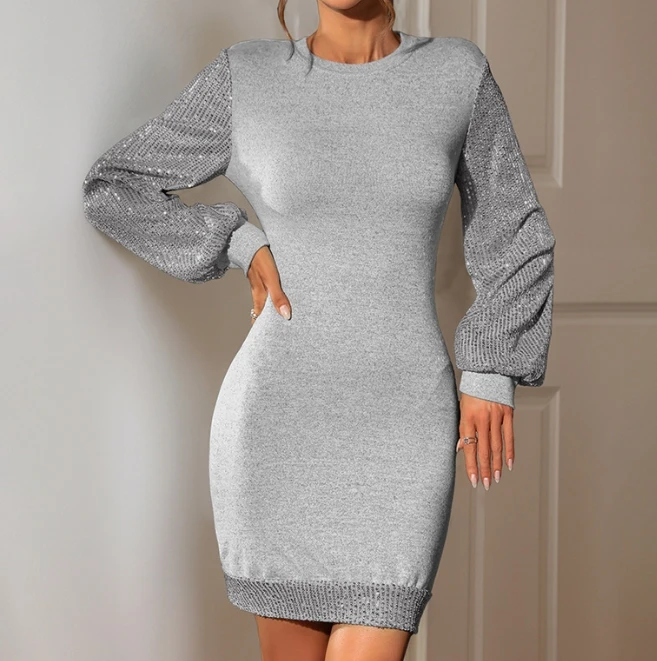 Casual Women's Dresses 2025 Fashion Sequin Splicing Lantern Sleeves Long Sleeves Casual O-Neck Daily A-Line Mini Bodycon Dress