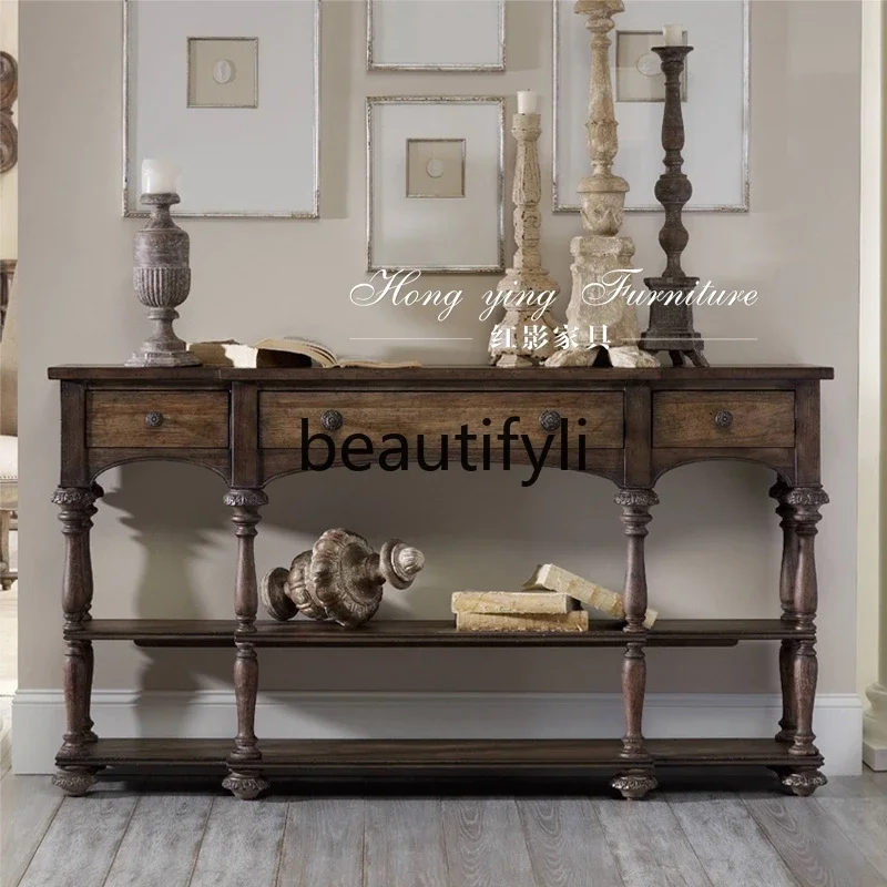 

American rural solid wood entrance cabinet, entrance table retro carved living room screen partition storage table1184