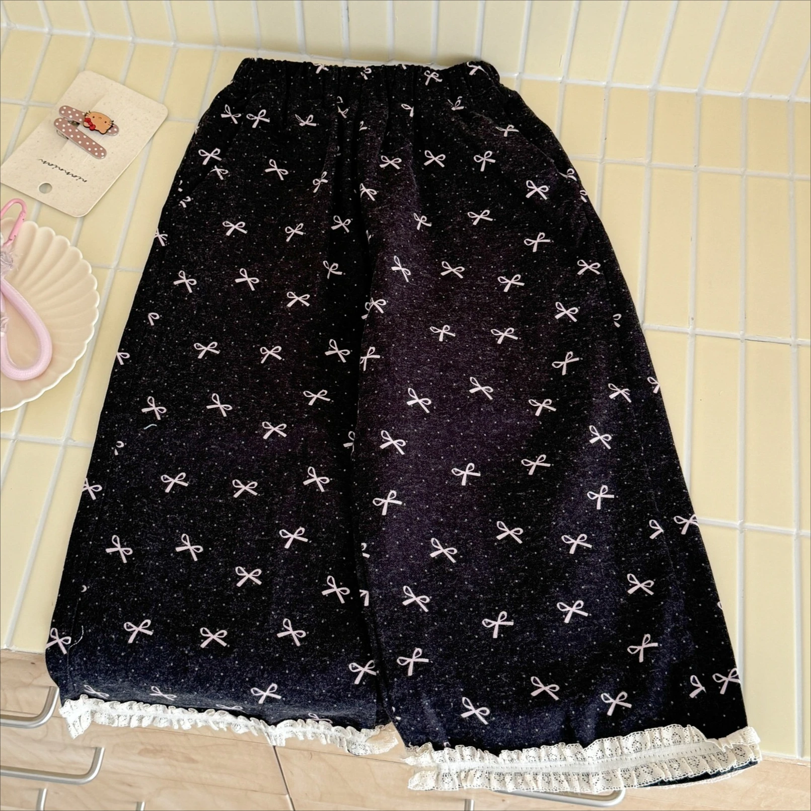 Girls Pants 2026 Spring and Autumn New Children's Wear Korean Style Girl Baby Lace Woolen Bow Straight Tube Wide Leg Pants