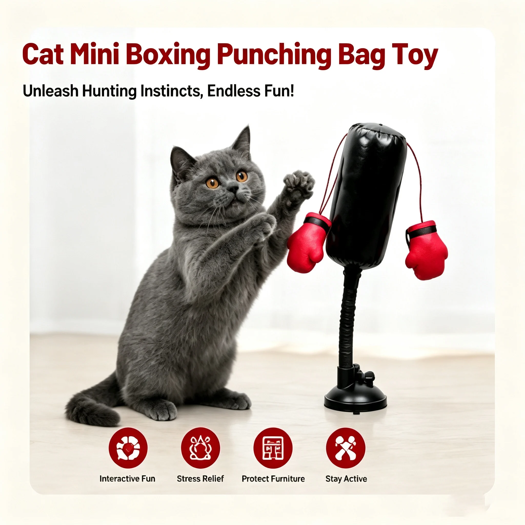 Cat Mini Boxing Punching Bag Toy Suction Cup Base Interactive Kitten Play Toy Stress Relief Pet Scratching Toy for Indoor Cats