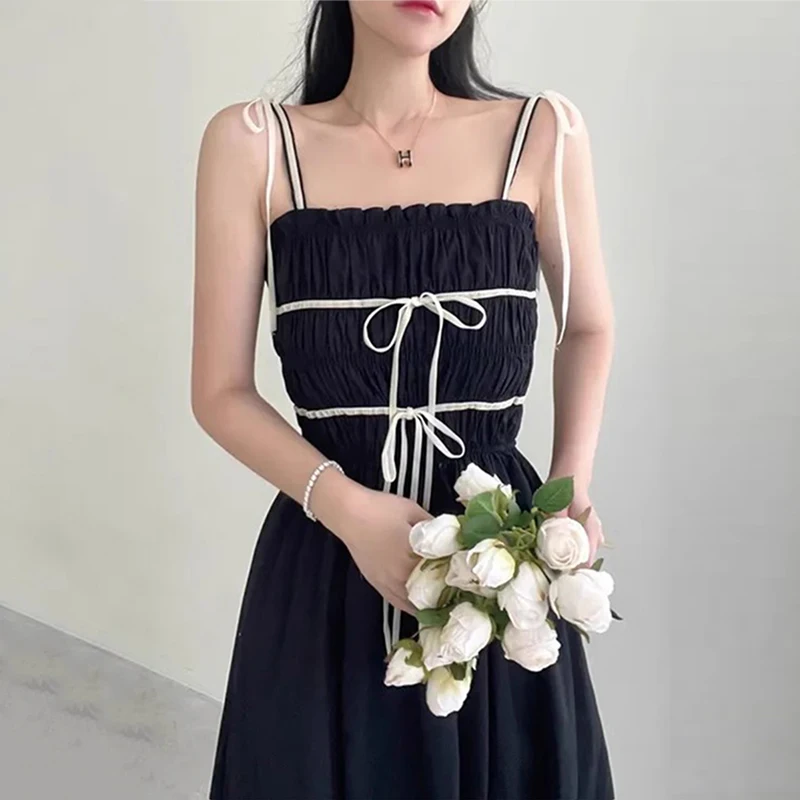 

South KoreachicSummer Sweet Youthful Tie Bow Design Wrinkled Waist Slimming Strap Dress for Women