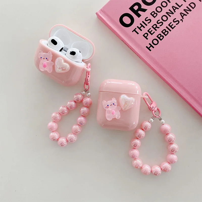 Bonita funda protectora con diseño de gato rosa para AirPods inalámbricos Pro, Compatible con iPhone 11, cubierta de airpods love con cadena