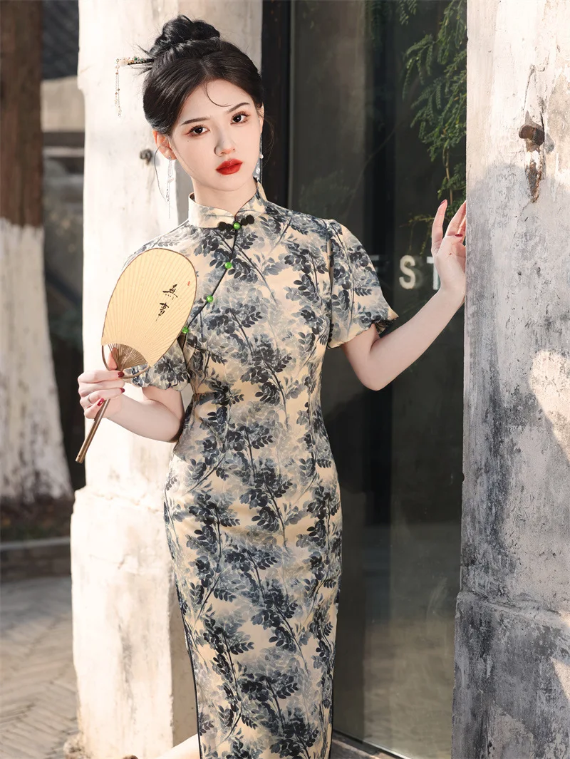 New Spring/Summer Bubble Sleeves Double layered Silk like Printed Mid length Qipao High end Exquisite Slim Fit Cheongsam