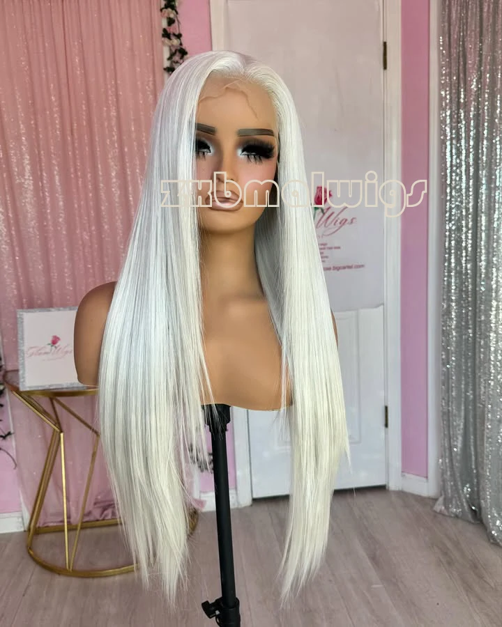 Synthetic Hair Straight Platinum Blonde 60 Glueless 13X4  Lace Front Wig For Women Preplucked   Heat Temperature Daily Cosplay