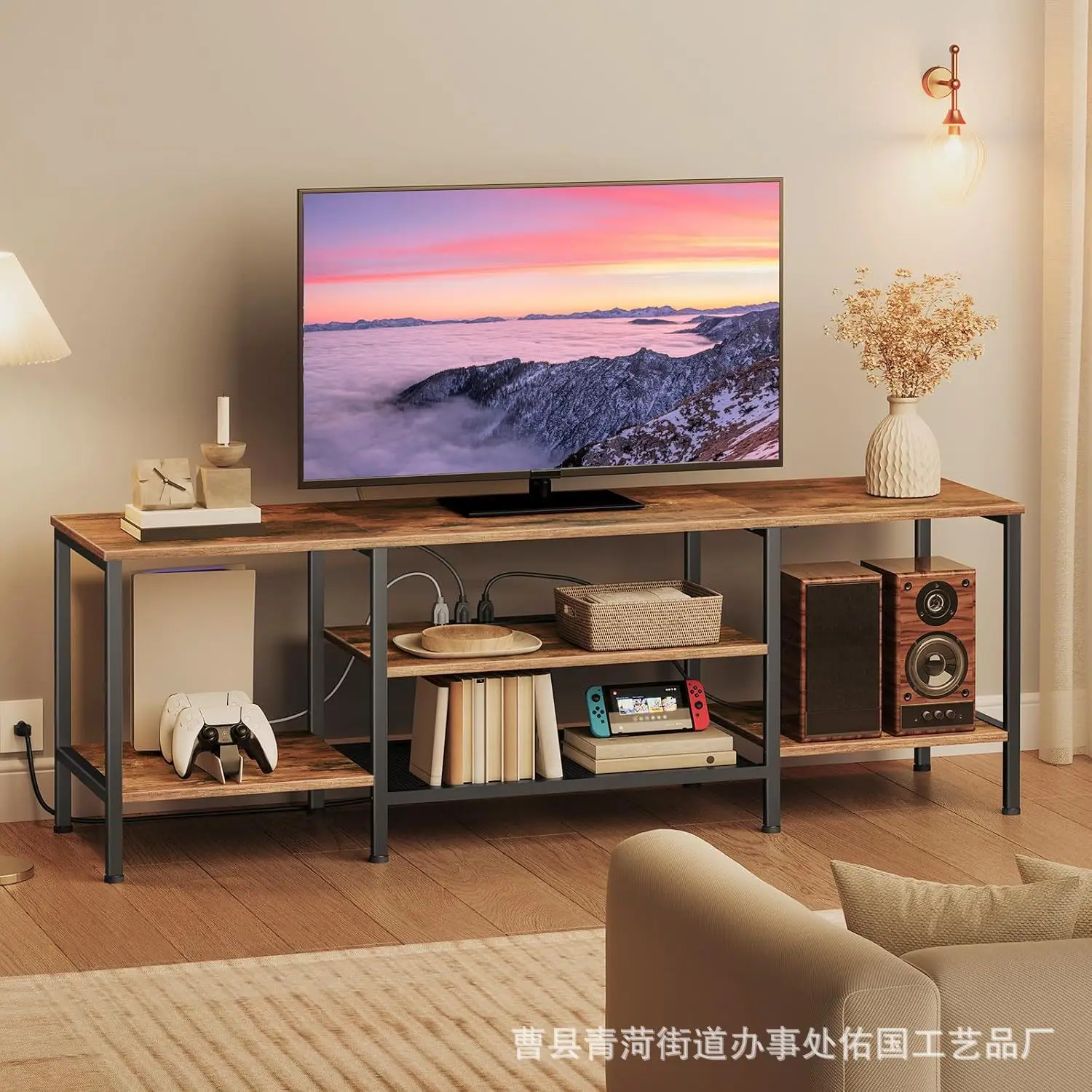 Solid wood TV cabinet Household living room Multi-layer TV cabinet Storage rack with power socket TV cabinet