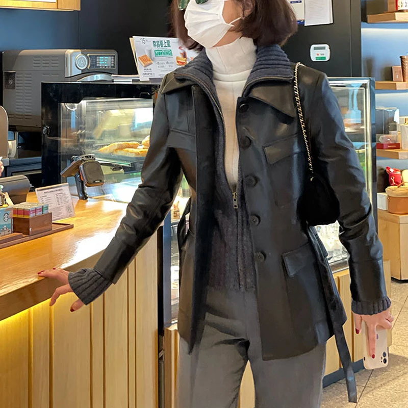 Giacca in vera pelle di pecora importata per donna Giacca in pelle slim fit da donna con cintura monopetto nera autunno 2025