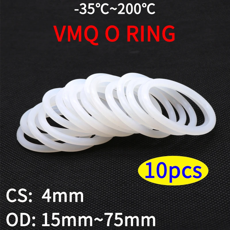 10pcs VMQ White Silicone O Ring Gasket CS 4mm OD 15 ~ 75mm Food Grade Rubber Insulate Round O Shape Seal  o-ring silicone rings