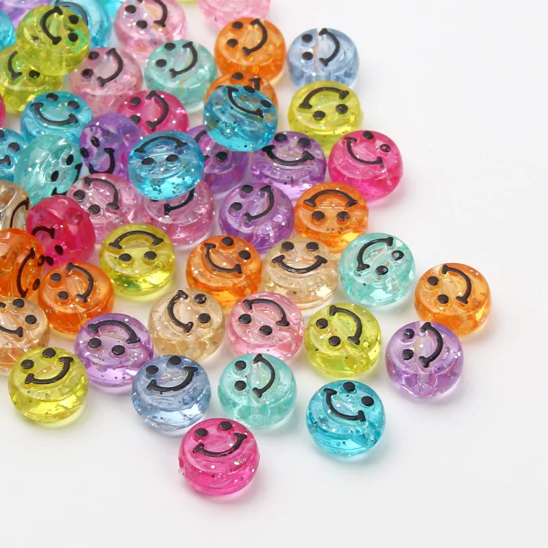 Mixed Color Flat Circular Transparent Smiley Face Pattern 10MM Beads For Jewelry Making Bracelet Necklace DIY Craft Gift