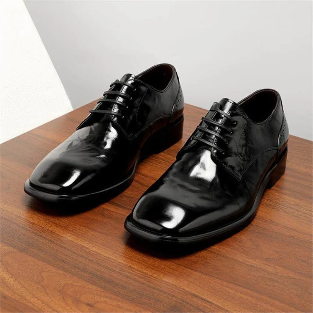 Summer Mens British Genuine Leather Derby Shoes Business Lace Up Breathable Black Square Toe Formal Dress Shoes