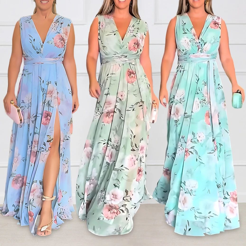 

Floral Print Dress Women Long Dresses V Neck Sleeveless Elegant Splice Floor Length Vestidos Casual Loose Boho High Waist Summer