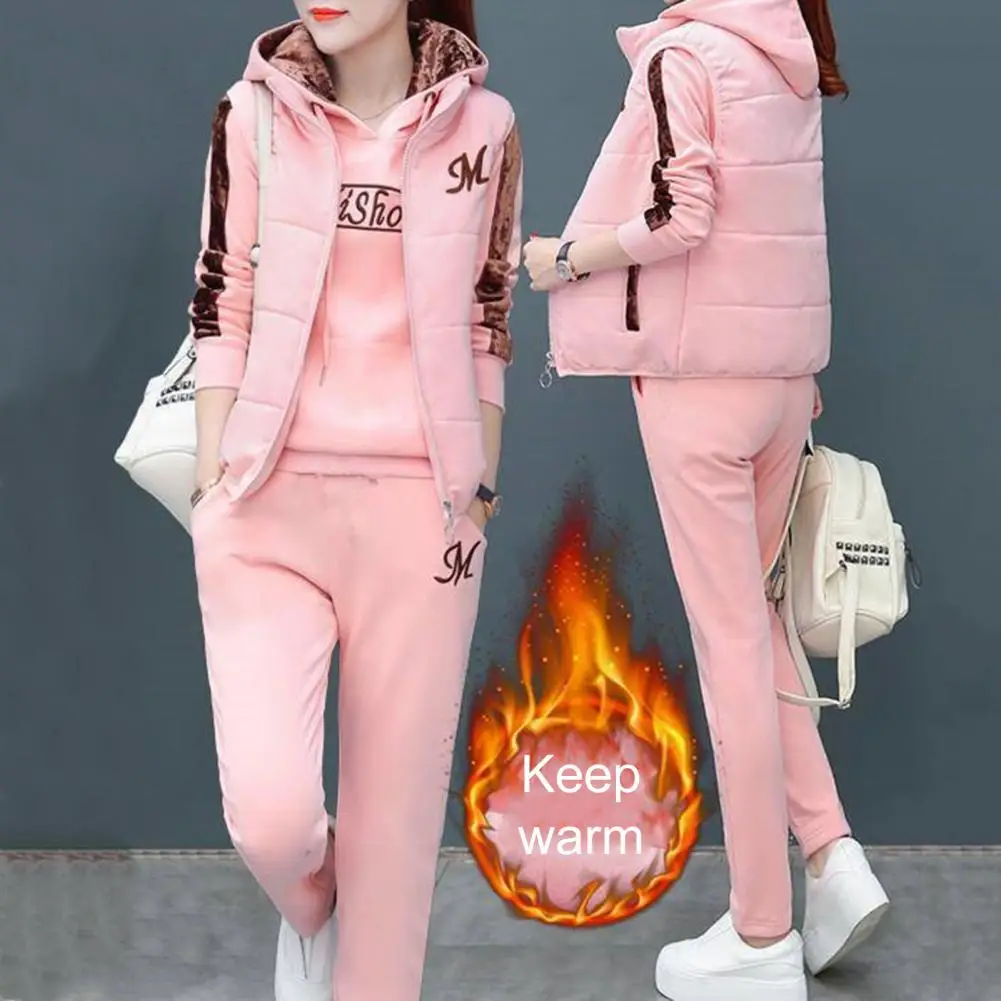 3Pcs/Set Jogging Suits Women Hoodie Jogging Pants Zipper Vest Suit Patchwork Color Casual Outfit