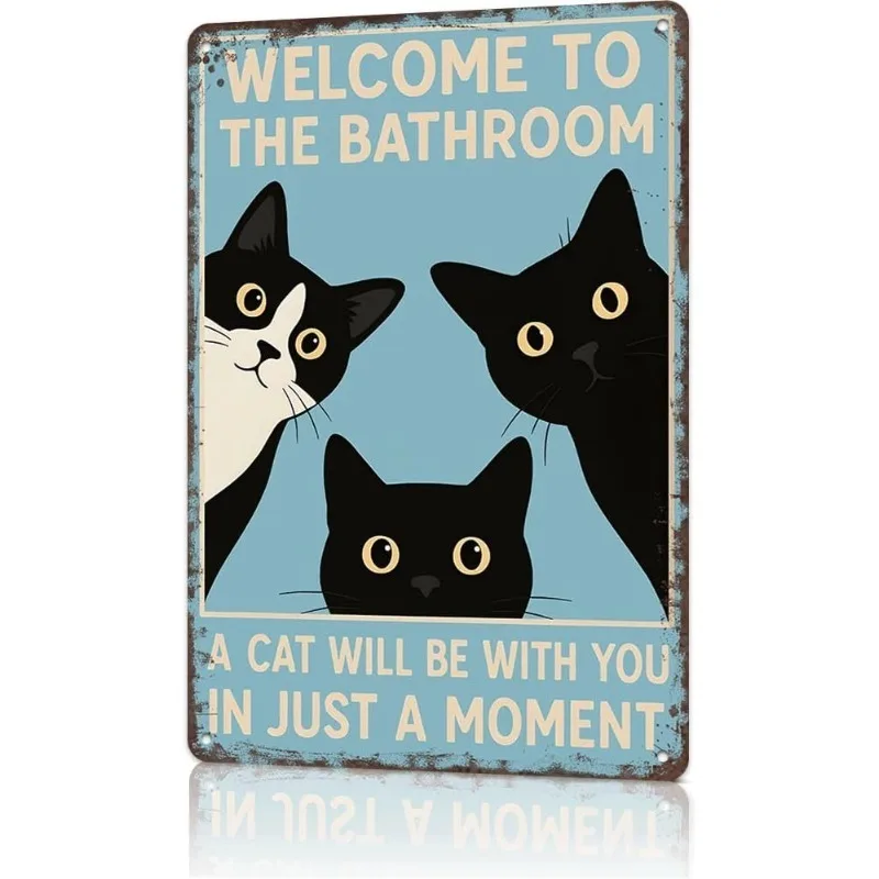 Lustiges Badezimmer-Katzen-Willkommensschild, Retro Rechteckige Eisenplakette, Rustikale Wandkunst für Toilette, Geschenk für Katzenliebhaber