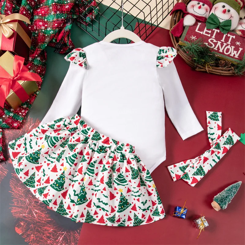 3 Pcs Christmas Baby Clothing Sets Outfits Autumn Winter 2024 New Newborn Kids Cute Long Sleeve Letter Print Romper Xmas Skirts