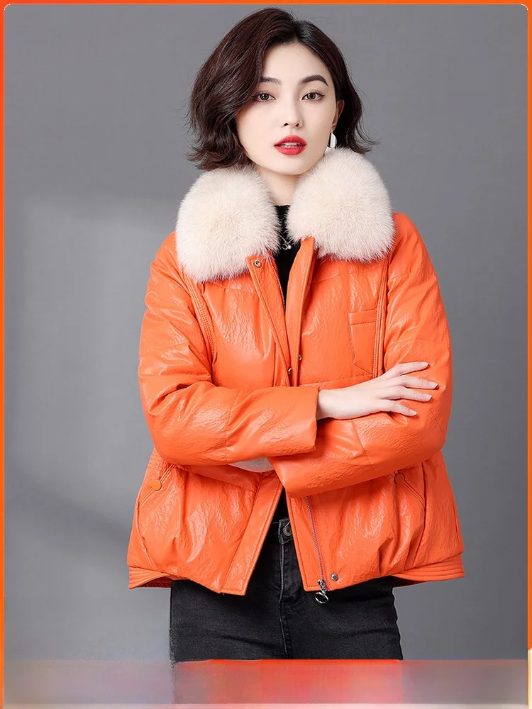 

Зимняя утепленная короткая куртка из натуральной кожи с меховым воротником, корейский стиль, маленький размер, из овчины