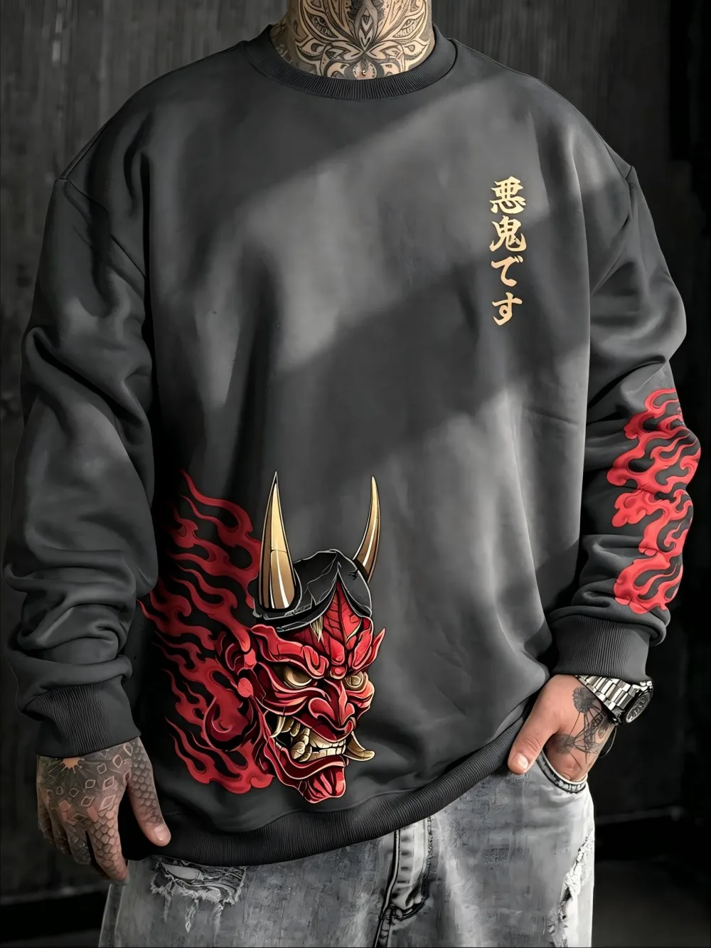 American men's autumn ghost mask flame letter print soft and comfortable round neck long sleeved T-shirt outdoor street top