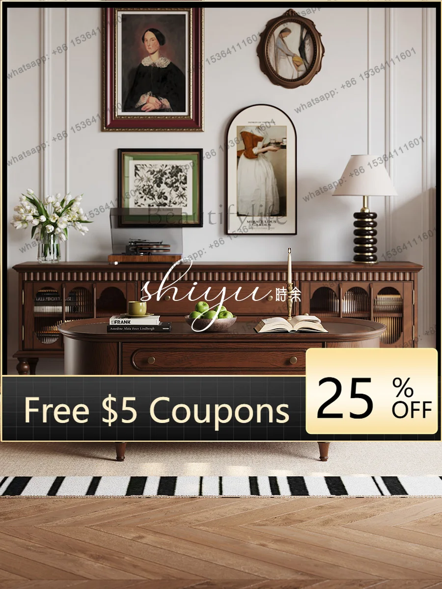 

W2 All solid wood oval combination set living room small apartment American medieval coffee table