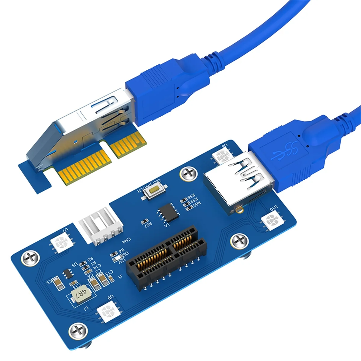 2 in 1 PCI Express PCI-E 1X to 1X/4x/8x/16x Riser Card with Automatic Discoloration LED Light