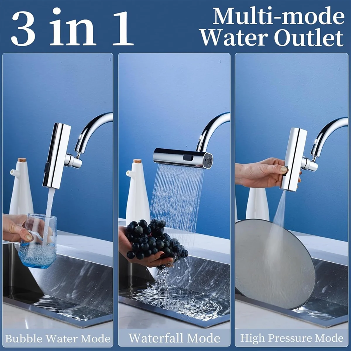 B53CC Kitchen Faucets with Pull Down Waterfall Kitchen Sink Faucet 3 Mode Splash-Proof Nozzle Sink Multi-Function