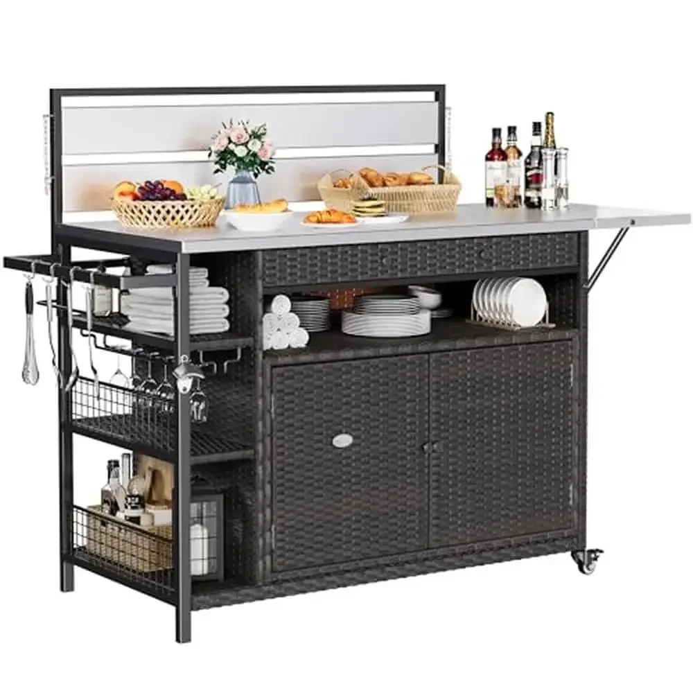 Large Outdoor Wicker Island Bar Cart Cabinet with Stainless Steel Table Top & Storage 360° Smooth Wheels Sturdy and Durable