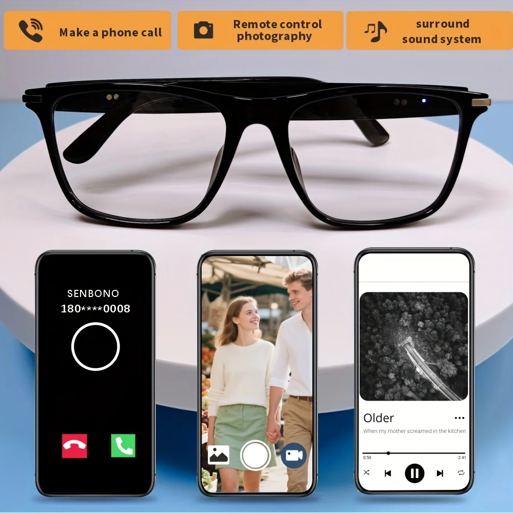 

SENBONO мужские и женские умные очки с управлением по камере, Bluetooth, регулятор громкости вызова, встроенный микрофон, солнцезащитные очки с управлением музыкой