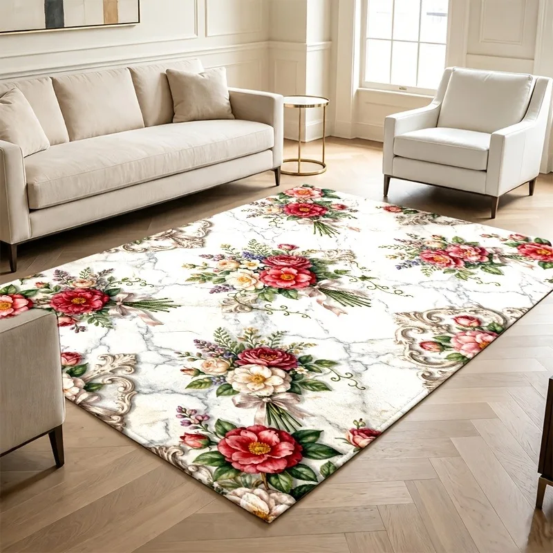 Vintage Watercolor Rose Lavender Area Rug Soft Blush Pink Floral Art Print Large Floor Mat for Romantic Home Decor Area Rug