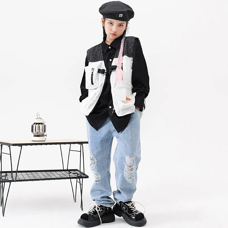 Kids Hip Hop Dance Costumes Black Shirt White Patchwork Vest Blue Ripped Jeans Girls Jazz Dance Performance Clothing Stage Wear