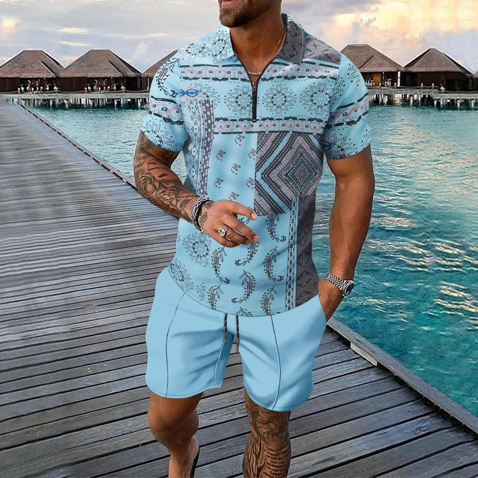 

New Summer men's Short Sleeve Zipper Printed Polo Shirt Shorts 3D Beach Hawaiian Style Y2k two-piece Suit Leisure Men's Clothing