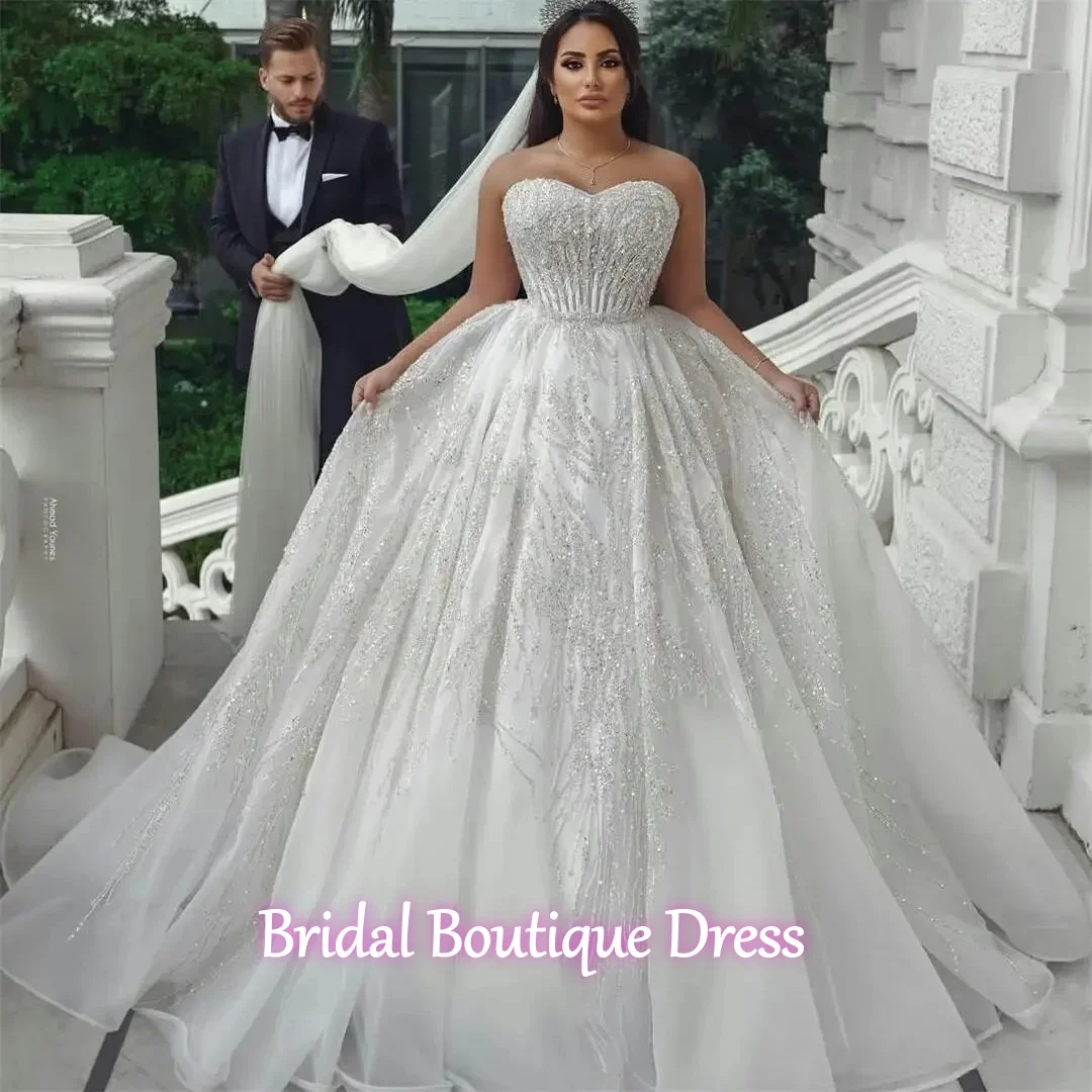 Customized Exquisite Arabic Strapless Shinny Beads Sequins Wedding Dress 2026 Vestidos De Novia Luxury Plus Size  Bridal Gown