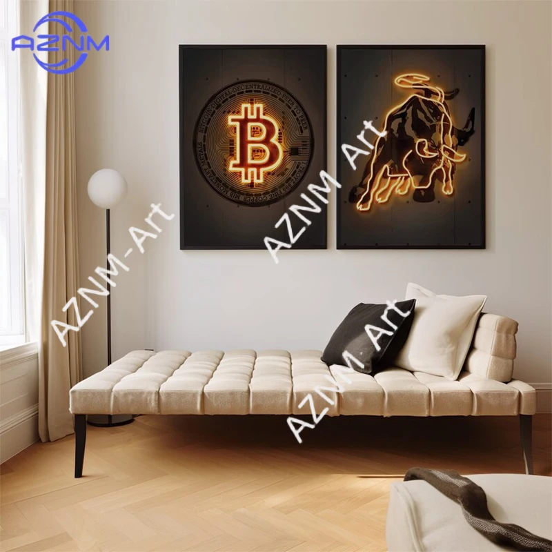 Neon Bitcoin Bull Crypto Gold Canvas Painting Cattle Poster and Print Wall Art Picture Home Decoration for Living Room Decor