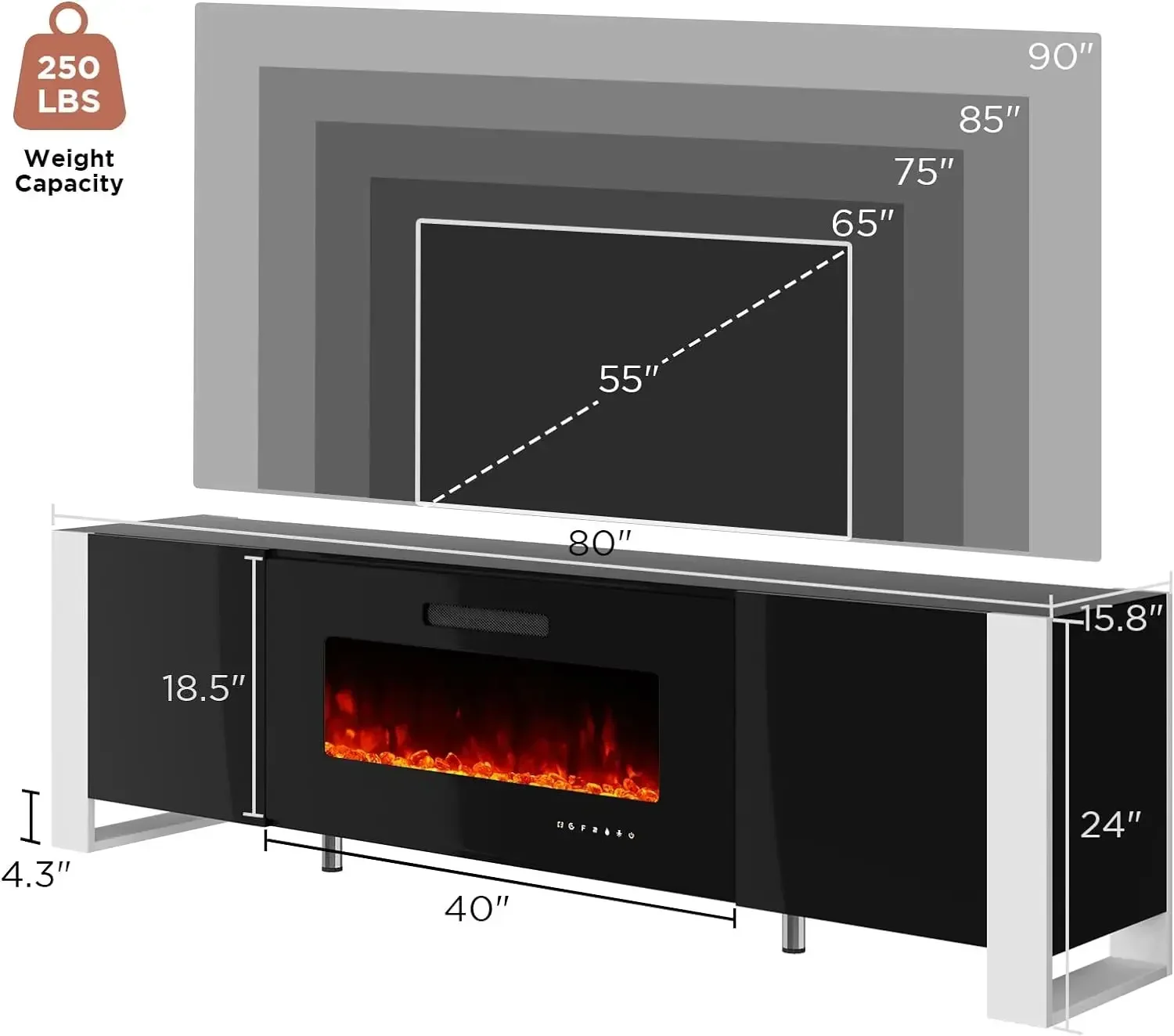 Fireplace TV Stand with 40" Fireplace, 80" Modern High Gloss Entertainment Center LED Lights