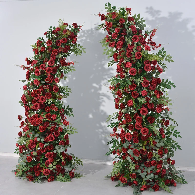 High End Artificial Red Rose Greenery Horn Shape Flower Arch 2.1m 2.3m with Metal Stand for Wedding Stage Event Backdrop Decor