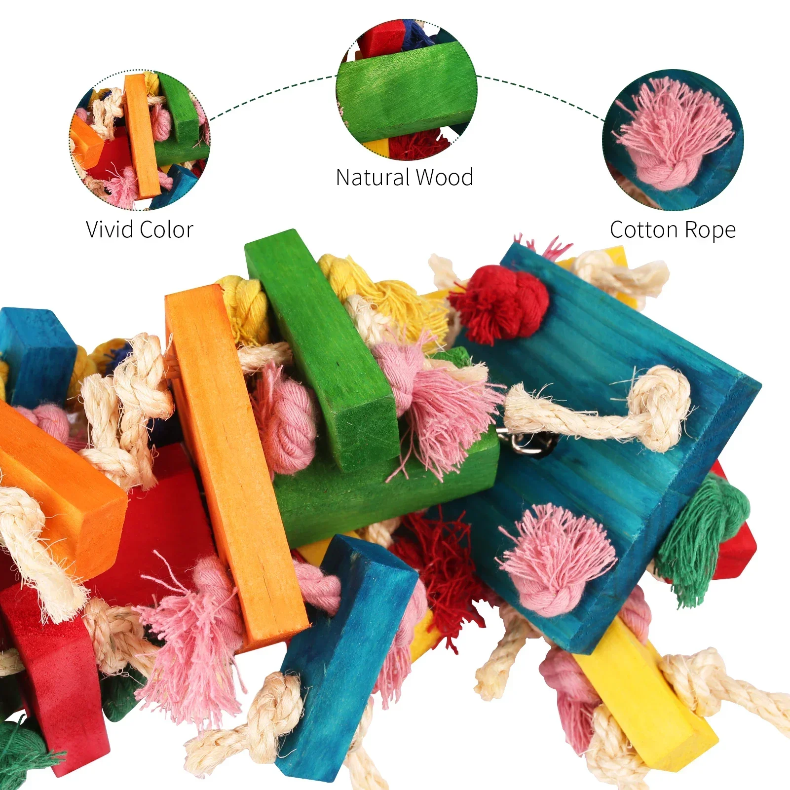 50CM Parrot Toy For African Grey Macaws Cockatoos Colourful Wooden Bird Cage Bite Toy Chewing Blocks Knots Tearing Pet Bird Toy